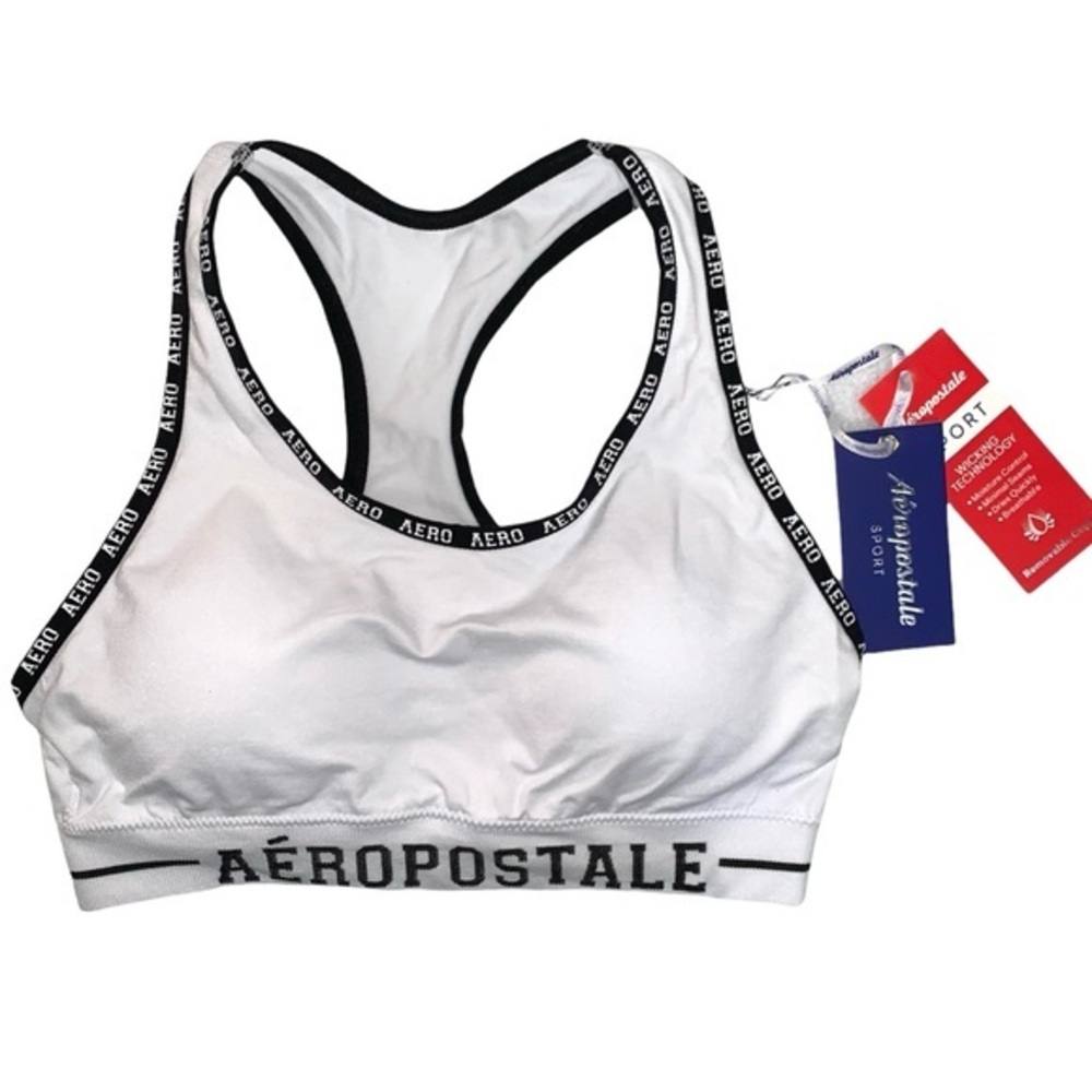Aeropostale sz L sports bra white w black logo trim breathable moisture control